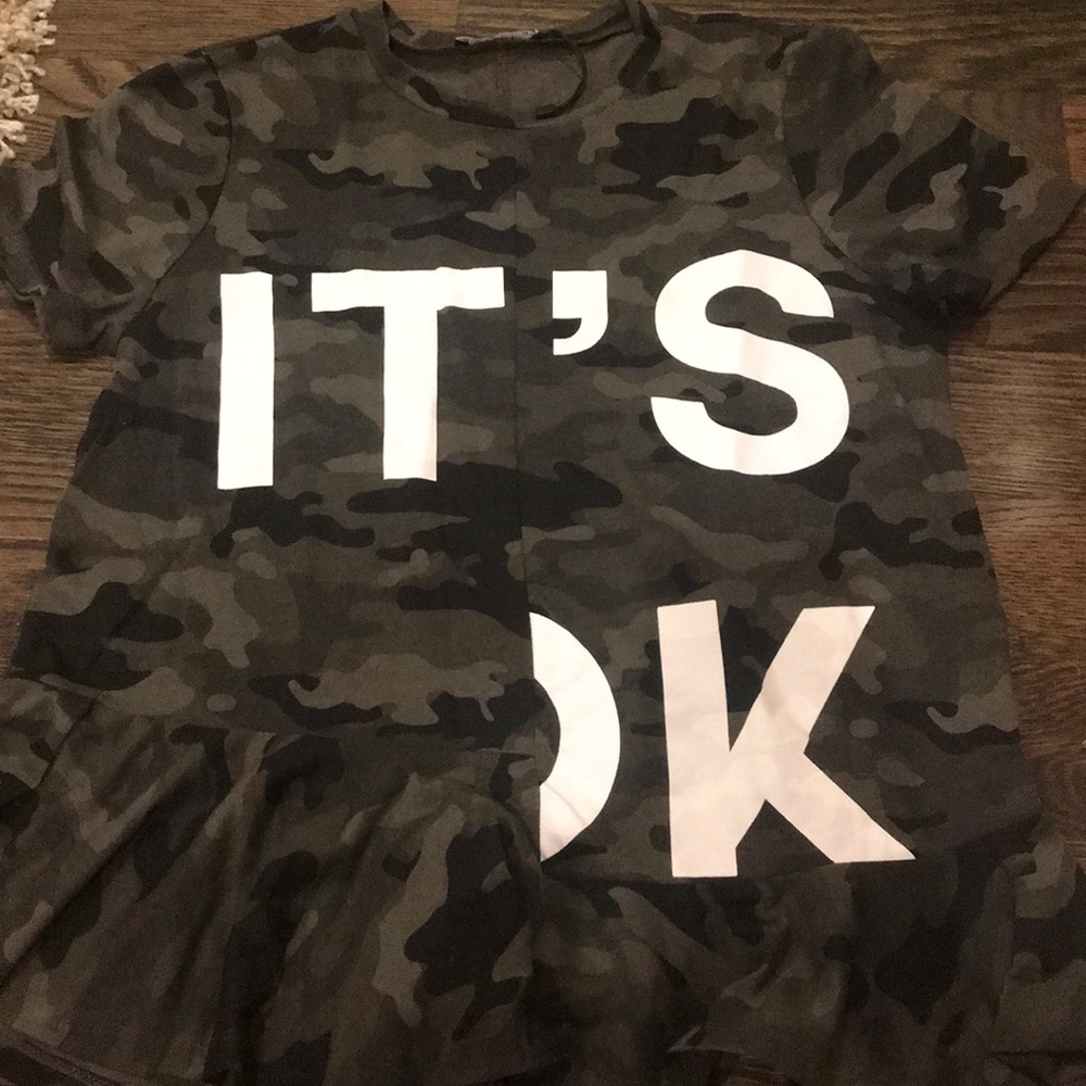 ZARA TRAFALUC 'it's ok' camo print peplum top.